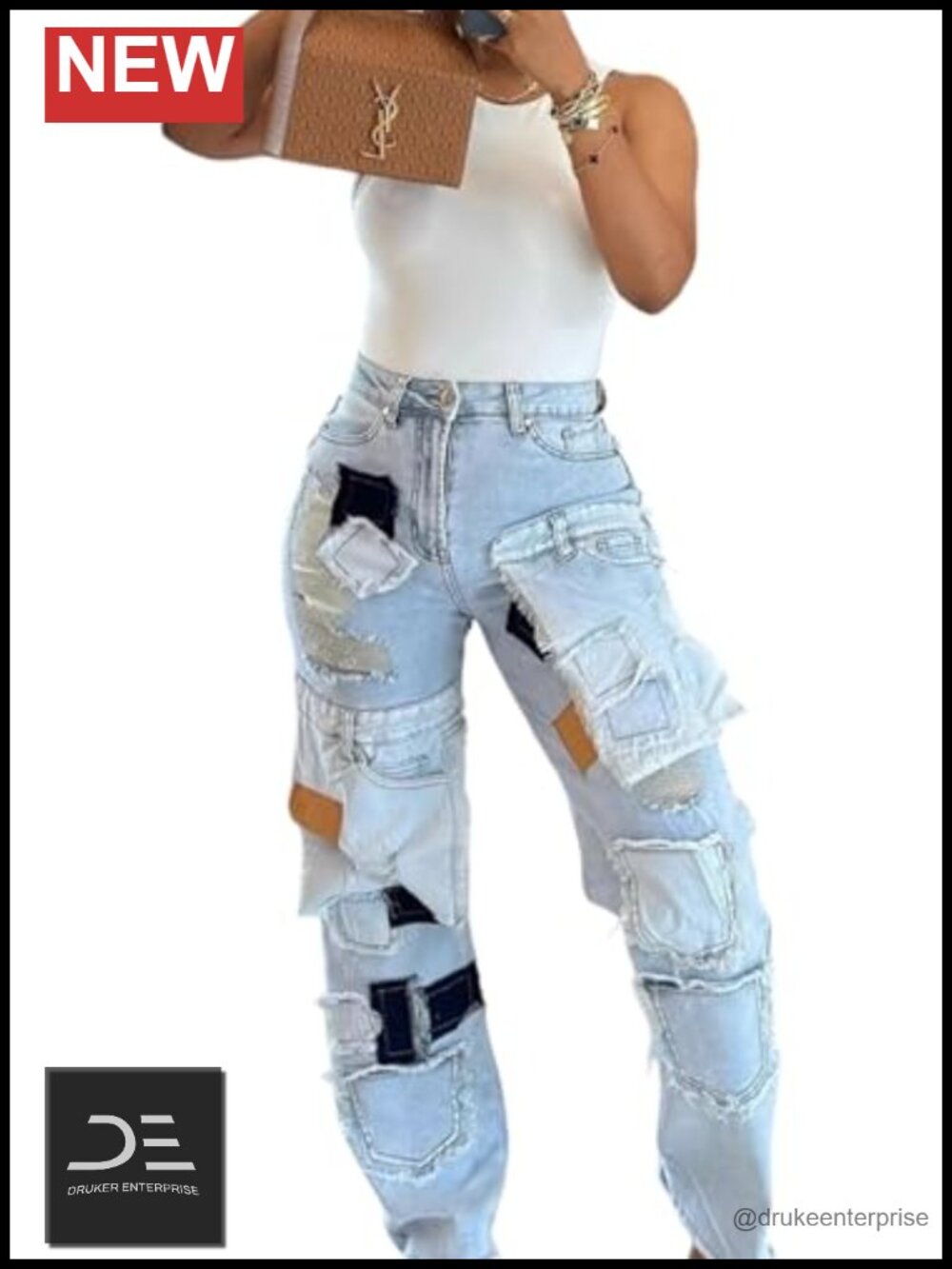 High Waisted Baggy Cargo Jeans Y2K Patchwork Streetwear